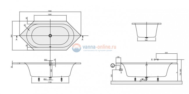 Акриловая ванна Villeroy&Boch Loop&Friends 190 x 90 UBA199LFO6V-01, внутри овал