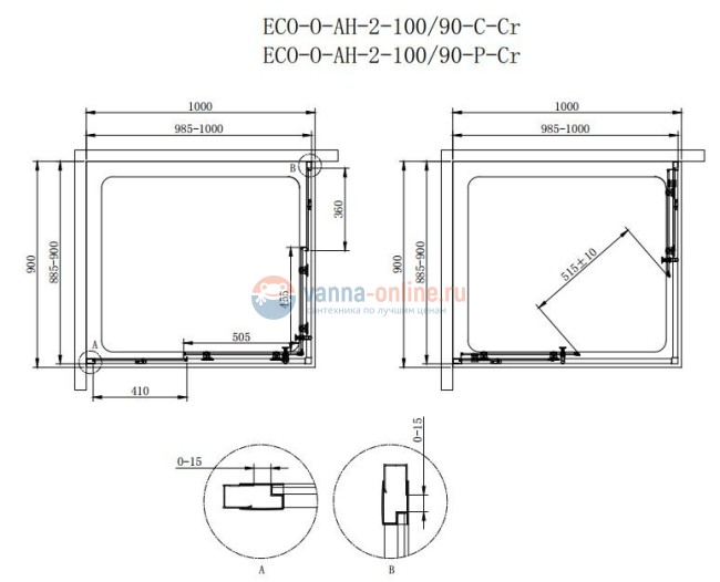 Душевой уголок Cezares Eco-O-AH-2-100/90-C-Cr, 100 x 90 x 190 см, стекло прозрачное, хром