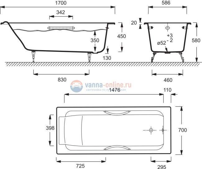 Комплект: Чугунная ванна Jacob Delafon Parallel E2948-00 170x70, с ручками и ножками
