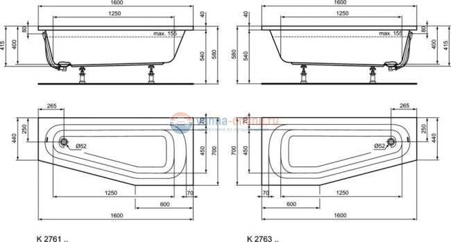 Асимметричная ванна 160х70 см Ideal Standard K276101 HOTLINE