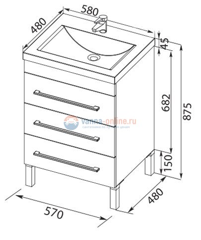 Тумба под раковину Aquanet Верона 58 напольная (3 ящика) 00178253, цвет белый