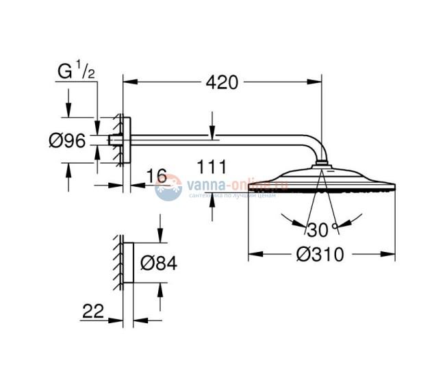 Верхний душ Grohe Rainshower 310 SmartConnect с душевым кронштейном 26640000, 2 режима струи, хром