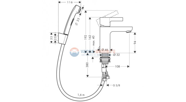 Смеситель Hansgrohe Metris S 31160 для раковины с гигиеническим душем