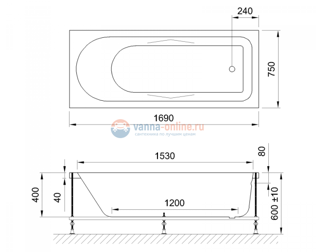 Акриловая ванна Royal Bath Tudor RB 407701 170 х 75 см