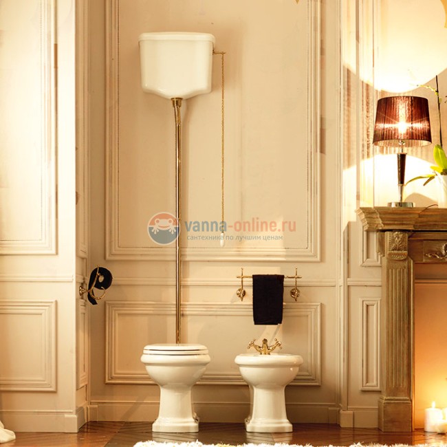 Унитаз Kerasan Retro 1011 с высоким бачком 1080, трубой, механизмом смыва с цепочкой и крепежом к полу, фурнитура золото