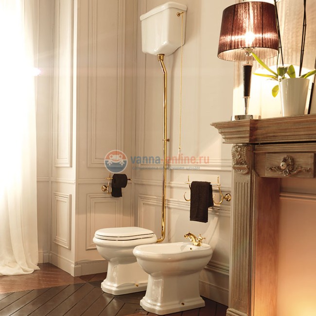 Унитаз Kerasan Retro 1011 с высоким бачком 1080, трубой, механизмом смыва с цепочкой и крепежом к полу, фурнитура золото