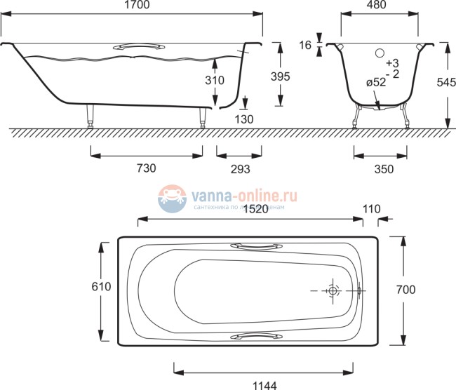 Комплект: Чугунная ванна Jacob Delafon Melanie E2925-00 170x70, с ручками и ножками