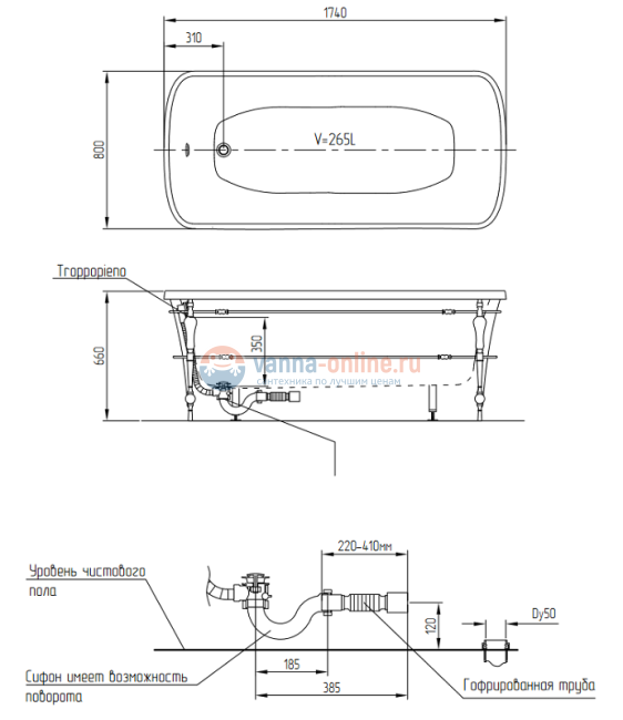 Ванна Migliore Olivia Console 174 х 80 х 66 см, из литьевого мрамора, фурнитура бронза, панель черная глянцевая, 24381