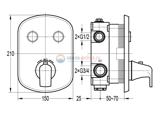 Смеситель для душа Cezares GLOBO-F-VDIM2-TB-01, встраиваемый термостатический, двухпозиционный