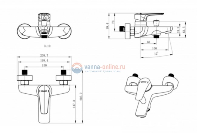 Смеситель Bravat Arden F6351385CP-01-RUS для ванны и душа, короткий излив, хром