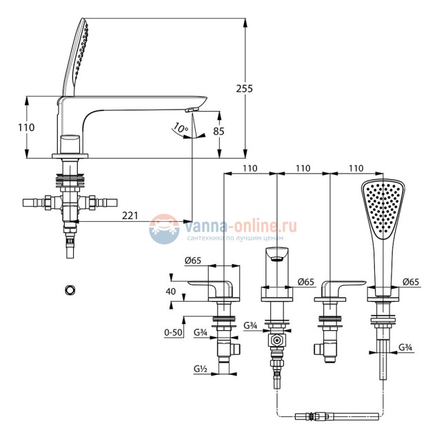 Смеситель Kludi Ameo 414240575 для ванны и душа на 4 отверстия, рычаги плоские