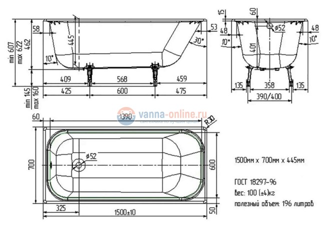 Чугунная ванна Wotte Start 150x70, с отверстиями для ручек