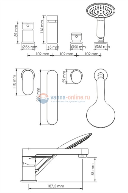 Смеситель на борт ванны WasserKRAFT Elbe 7455, на 4 отверстия, черный