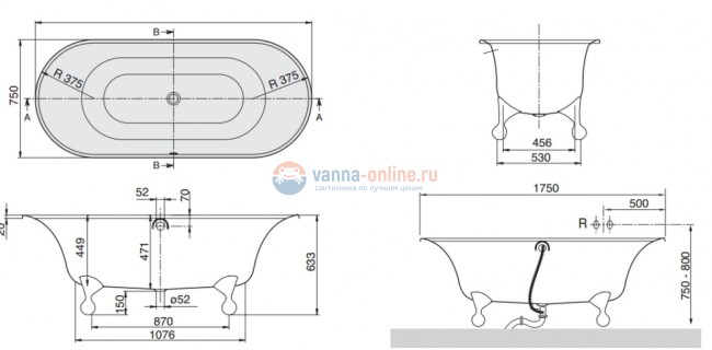 Квариловая ванна Villeroy&Boch Ceta 175 x 75 см UBQ175CEA7B0V-01 ножки черные