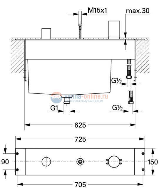 Смеситель Grohe однорычажный для ванны на 3 отверстия 33341 000, встраиваемая часть Смеситель Grohe однорычажный для ванны на 3 отверстия 33341 000, встраиваемая часть
