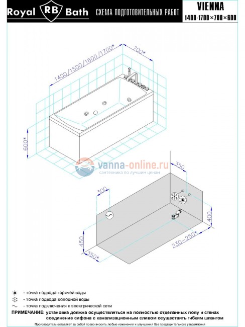 Ванна гидромассажная Royal Bath Vienna RB953200ST, 140 x 70 см, белая