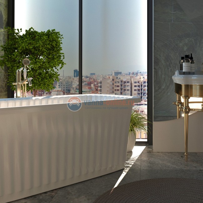 Ванна Migliore Olivia Panello, 174 х 80 х 66 см, из литьевого мрамора, фурнитура золото, панель белая глянцевая, 24360