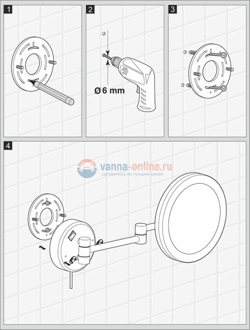 Настенное косметическое зеркало WasserKRAFT K-1004 с 3-х кратным увеличением и Led-подсветкой, цвет держателя - хром Настенное косметическое зеркало WasserKRAFT K-1004 с 3-х кратным увеличением и Led-подсветкой, цвет держателя - хром