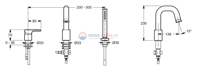 Смеситель Jacob Delafon Singulier E10873 для ванны и душа для установки на борт ванны Смеситель Jacob Delafon Singulier E10873 для ванны и душа для установки на борт ванны