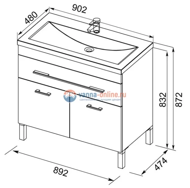 Тумба под раковину Aquanet Верона 90 напольная (2 дверцы, 1 ящик) 00182708, цвет белый