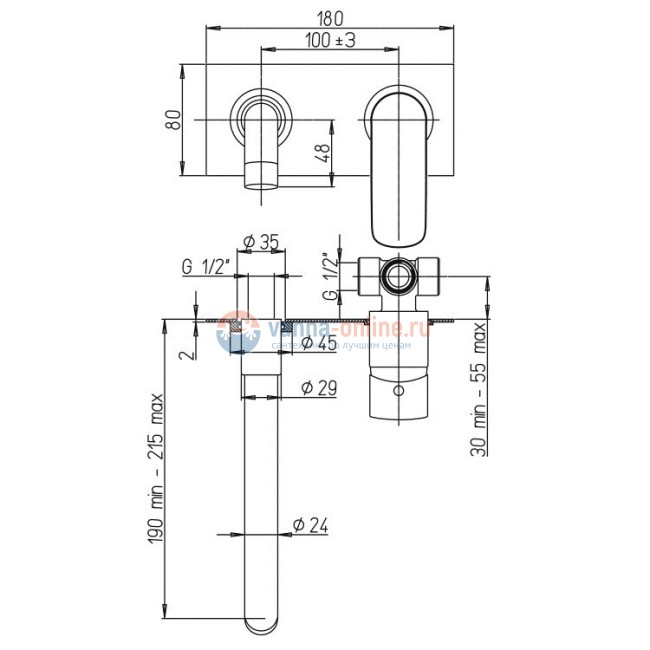 Смеситель для раковины Paini Nove встраиваемый, декоративная панель Смеситель для раковины Paini Nove встраиваемый, декоративная панель