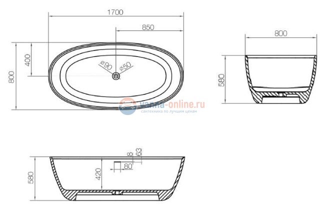 Ванна из искусственного камня NTBagno Palermo 170 х 80 см, цвет белый, NT203