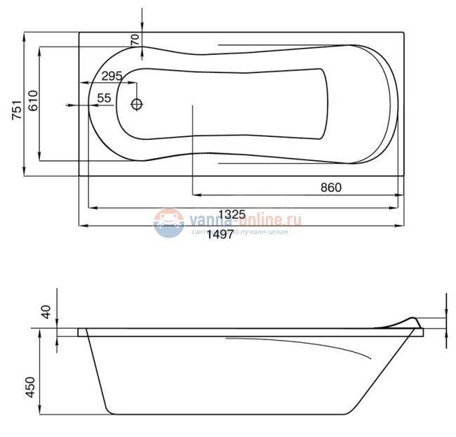 Ванна акриловая Santek Каледония  1.WH30.2.384, 150 х 75 см, с монтажным комплектом