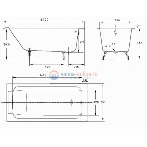 Чугунная ванна Jacob Delafon Parallel 170x70 без ручек E2947-00