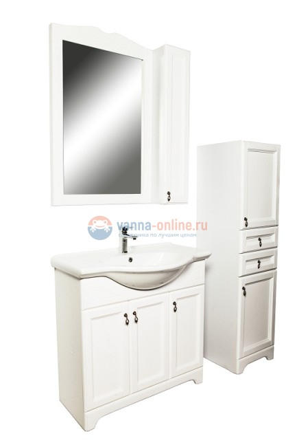 Зеркальный шкаф Orange Классик 85 см, с подсветкой, правый,массив бука, цвет - белый