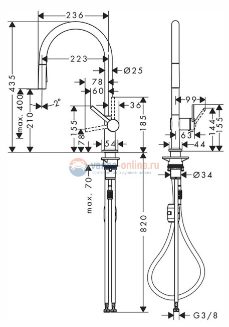 Кухонный смеситель Hansgrohe Talis M54, 72800800, с вытяжным изливом, 2 режима струи, под сталь
