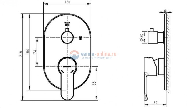 Смеситель Bravat New Moon P69191C-2-RUS для душа 3-х функциональный (внешняя часть)