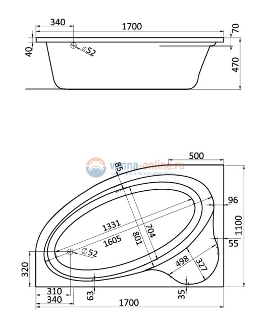 Ванна акриловая Santek Эдера WH111995/4 170 х 110 см с монтажным комплектом 1WH112426