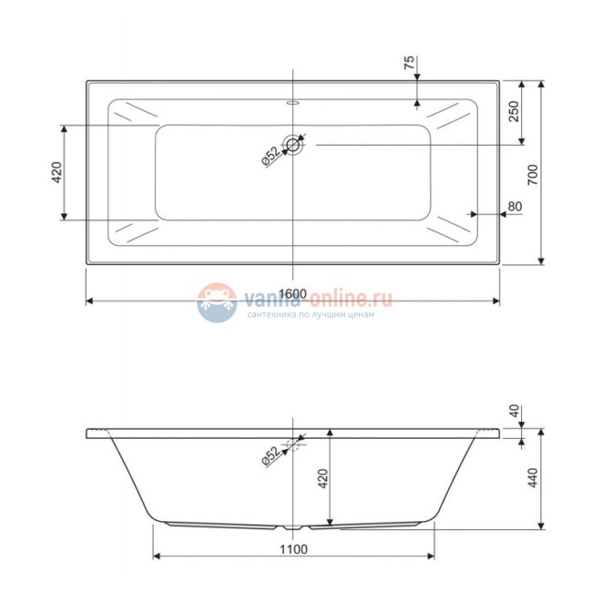 Акриловая ванна Cezares Plane Mini-160-70-42, 160 x 70 см