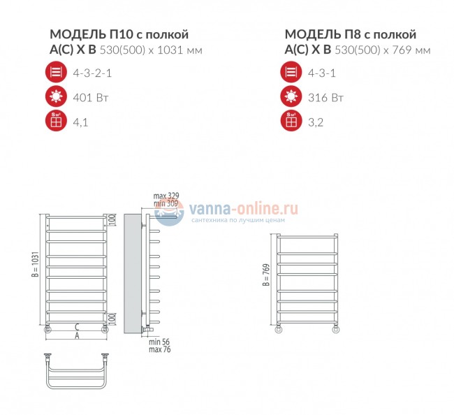Полотенцесушитель водяной Terminus Арктур полка П10 500x1031, ширина 53 см, высота 103.1 см