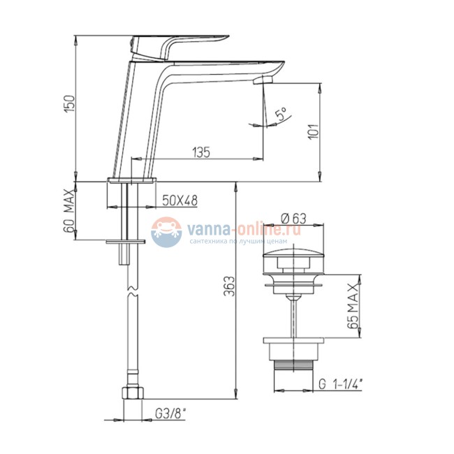 Смеситель для раковины Paini Nove с длинным изливом и донным клапаном, черный матовый