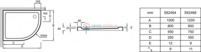 Поддон Jacob Delafon Flight 120 x 90 см, E62466-F-00 L с антискользящим покрытием