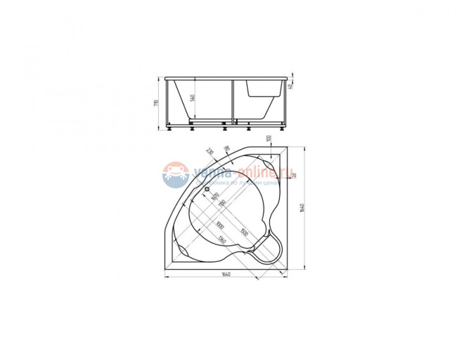 Ванна акриловая Aquatek Сириус 164x164 см с фронтальным экраном, вклеенный каркас, белая, SIR164-0000002