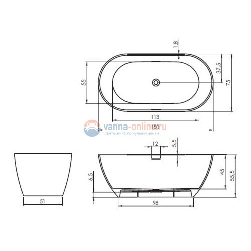 Ванна из литого мрамора Riho Bilbao 150x75
