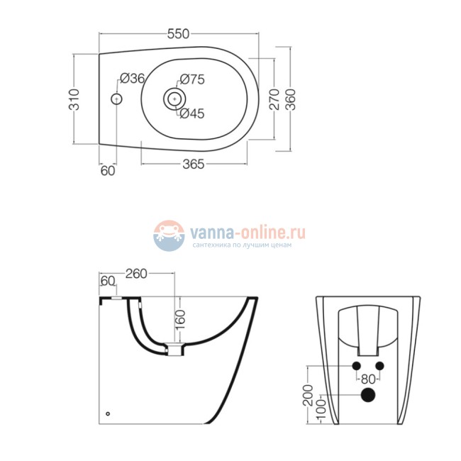 Биде напольное 550х360мм., AXA Eva