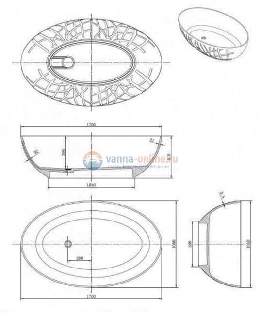 Ванна из искусственного камня NTBagno Ciotola NT307, 170 х 105 см