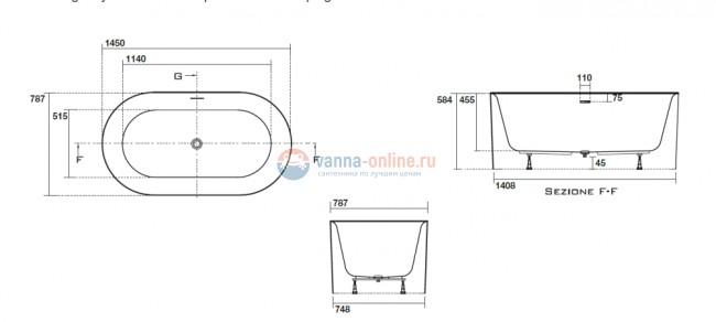 Ванна акриловая Kerasan Nolita 145 х 78 см 535001