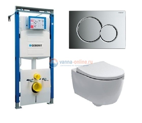 Инсталляция Geberit с безободковым унитазом Geberit Icon Rimfree 204060000, сиденье микролифт клавиша хром