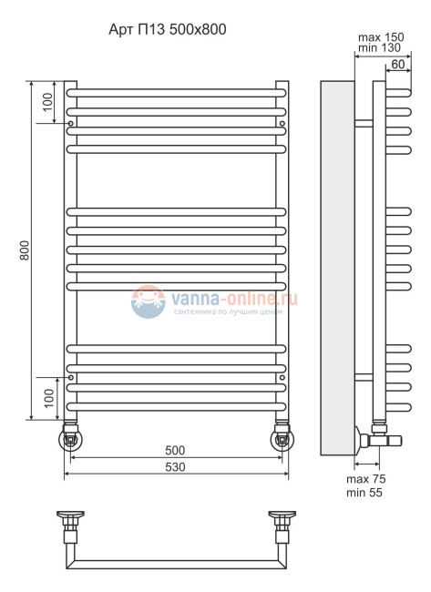 Водяной полотенцесушитель TERMINUS Арт П13 500х800