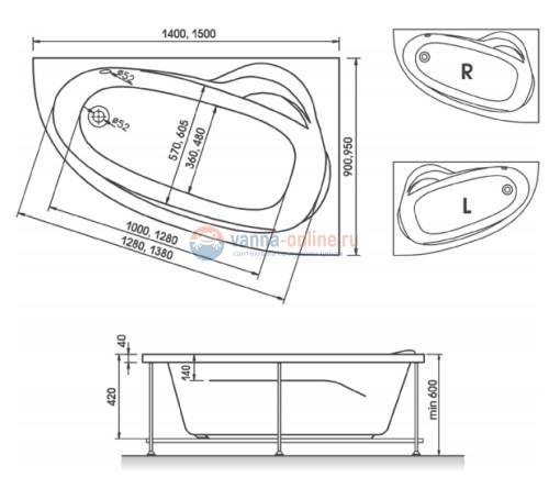 Ванна акриловая Relisan Zoya L/R 150 х 95 см