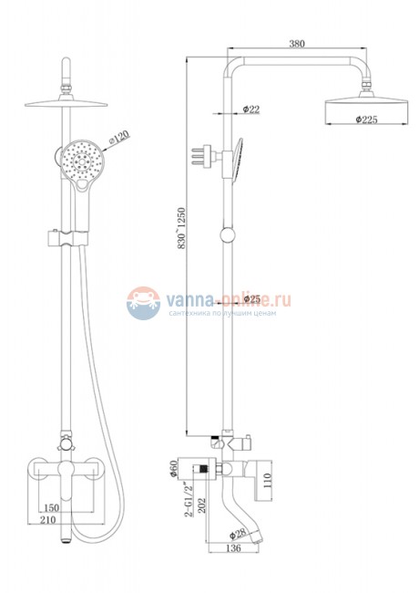 Душевая колонна Bravat Stream F6334368CP-A-RUS со смесителем для ванны и душа, хром