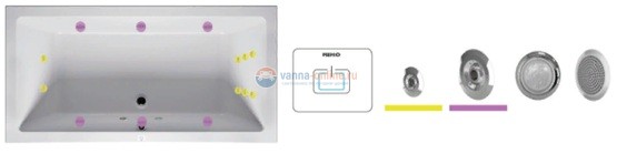 Система гидромассажа Riho FLOW 2: 6 форсунок для массажа спины, 6 боковых форсунок и 4 микрофорсунки для стоп ног в стандартном исполнении, 1 подводный светильник белого света, однокнопочный электронный пульт