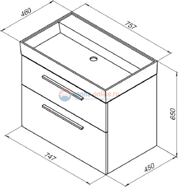 Тумба с раковиной Aquanet Nova Lite 75, 2 ящика, дуб рошелье