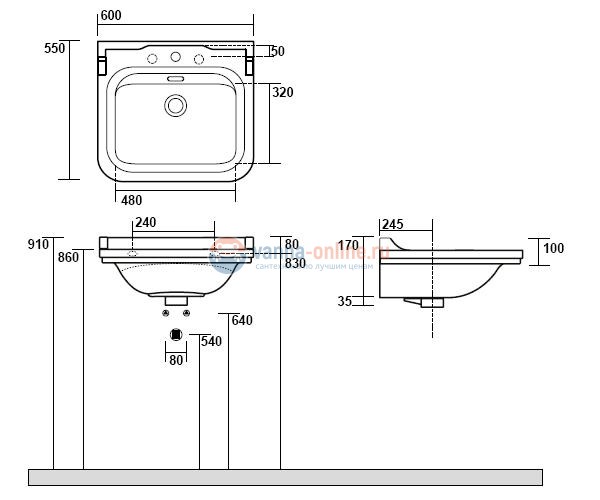Раковина Kerasan Waldorf 4140K1bi/cr*1, 60*55 см