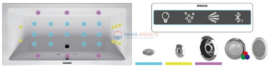Система гидромассажа Riho JOY 2: интегр аудио с-ма, 16 аэрофорсунок в стандартном исполнении, 5 вариантов установки мощности а/м, 6 спинных, 8 боковых и 4 форсунки для стоп ног в стандартном исполнении, 1 подводный светильник х/т, 4х кн пульт управления,