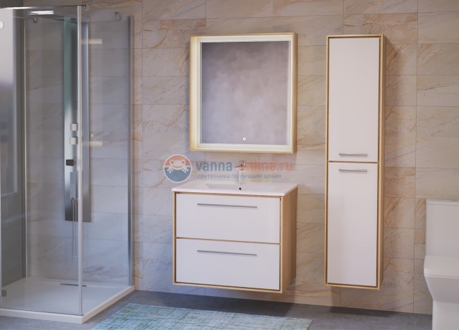 Тумба под раковину Raval Frame 75 Fra.01.75/P/W-DS, подвесная, фасад - белый, корпус - дуб сонома